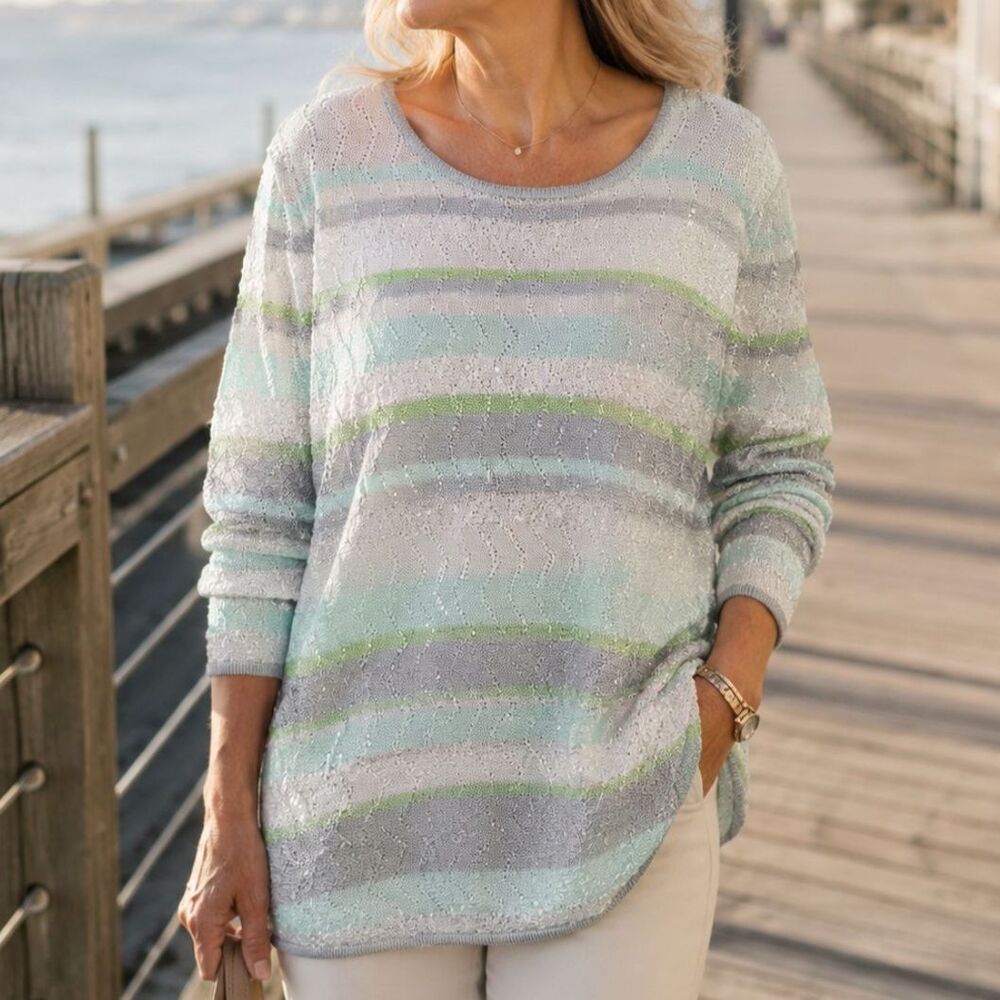 Alfred Dunner Sequin Stripe Lightweight Knit Sweater Medium Cozy Feminine